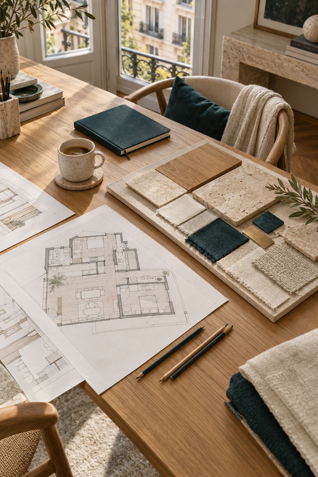 Mesa de trabajo con planos y tablero de materiales